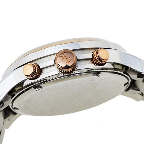 MICHAEL KORS Silver Rose Gold Chronograph Runway Watch New Battery Ready to Wear - Picture 3 of 10